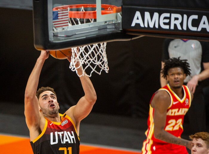(Rick Egan | The Salt Lake Tribune) Utah Jazz forward Georges Niang (31) goes in for a dunk on a fast break, in NBA action between the Utah Jazz and the Atlanta Hawks at Vivint Arena, on Friday, Jan. 15, 2021.,