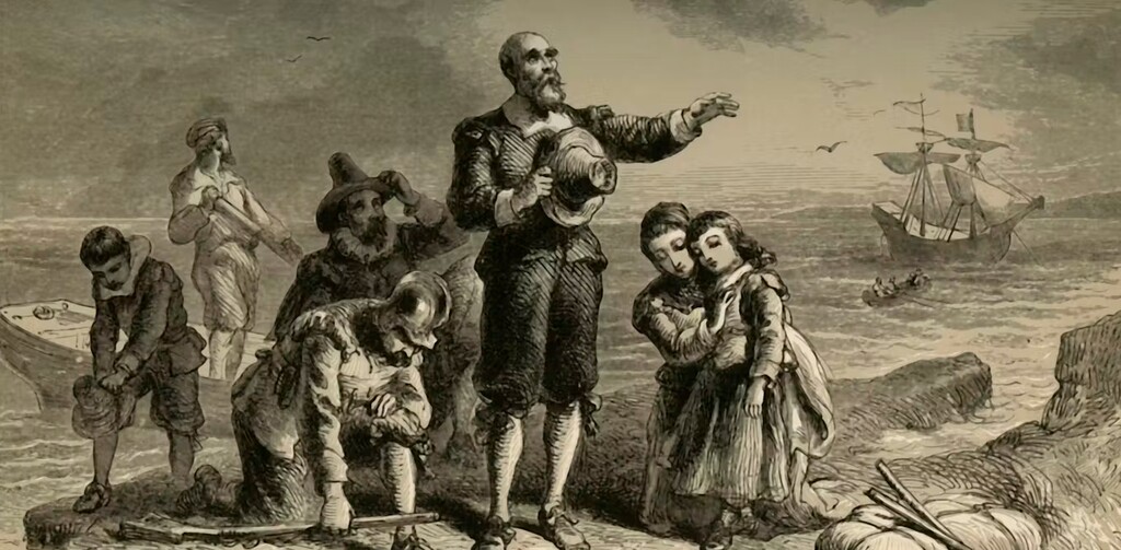 (The Print Collector | Hulton Archives via Getty Images) A sketch from 1877 illustrating the landing of the Pilgrims, by artist Albert Bobbett.