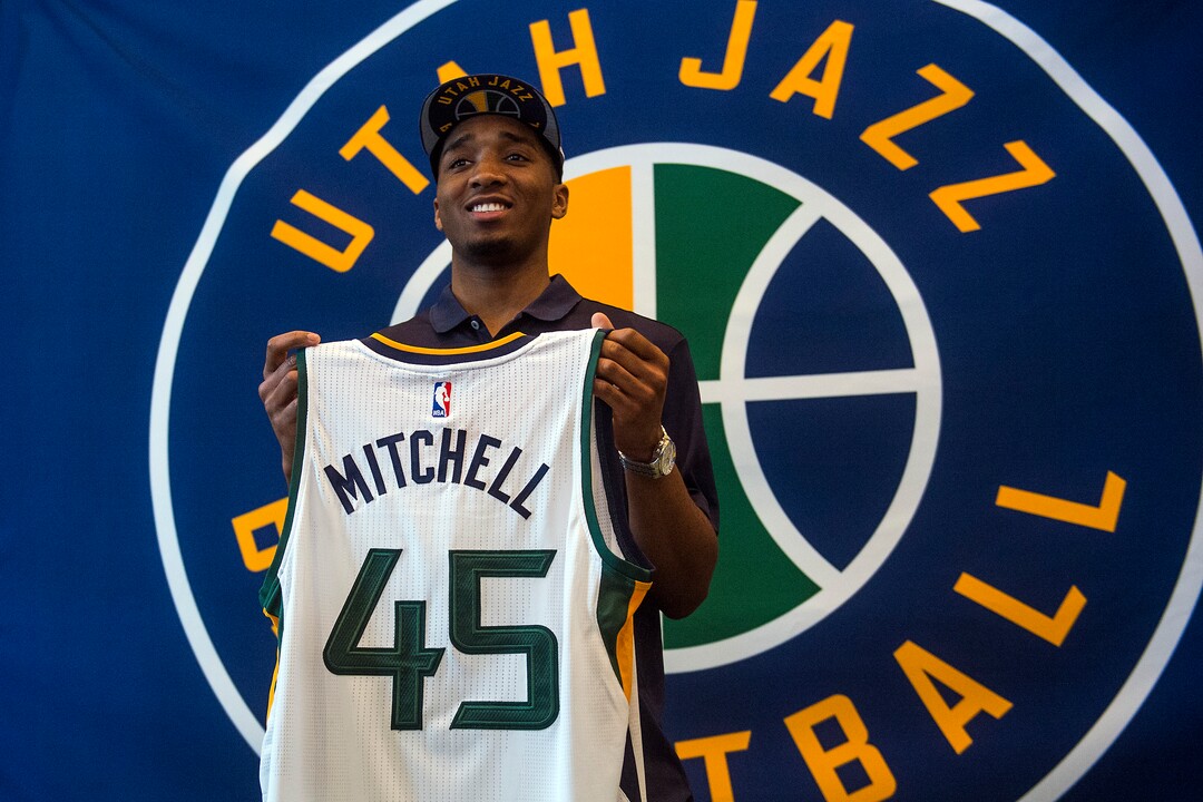Chris Detrick  |  The Salt Lake TribuneUtah Jazz's Donovan Mitchell poses for photos at The Grand America Hotel Wednesday, June 28, 2017. 