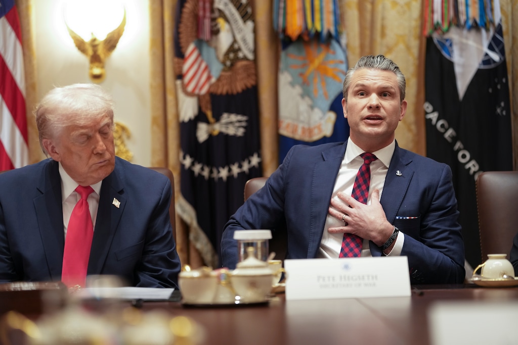 (Doug Mills | The New York Times) Secretary of Defense Pete Hegseth speaks alongside President Donald Trump during a cabinet meeting in the Cabinet Room of the White House in Washington, on Tuesday, Dec. 2, 2025.