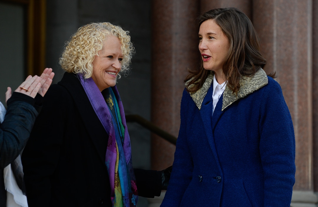 (Francisco Kjolseth  |  The Salt Lake Tribune) Outgoing Mayor Jackie Biskupski, left, joins newly sworn in Mayor Erin Mendenhall during inauguration ceremonies at Salt Lake City Hall on Monday, Jan. 6, 2020.