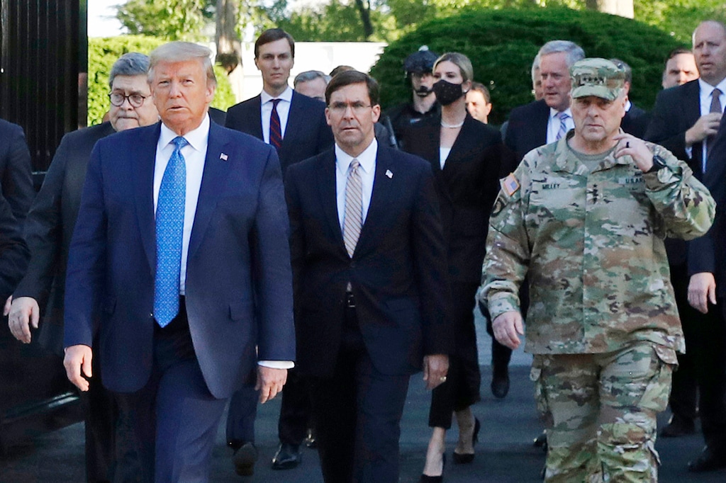 (Patrick Semansky | AP file photo)
In this June 1 photo, President Donald Trump departs the White House to visit outside St. John's Church, in Washington. Walking behind Trump from left are, Attorney General William Barr, Secretary of Defense Mark Esper and Gen. Mark Milley, chairman of the Joint Chiefs of Staff.