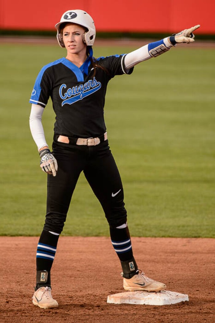 (Trent Nelson | The Salt Lake Tribune)  Utah Utes host the BYU Cougars, NCAA softball in Salt Lake City, Wednesday April 18, 2018. BYU infielder Alexa Strid (16).