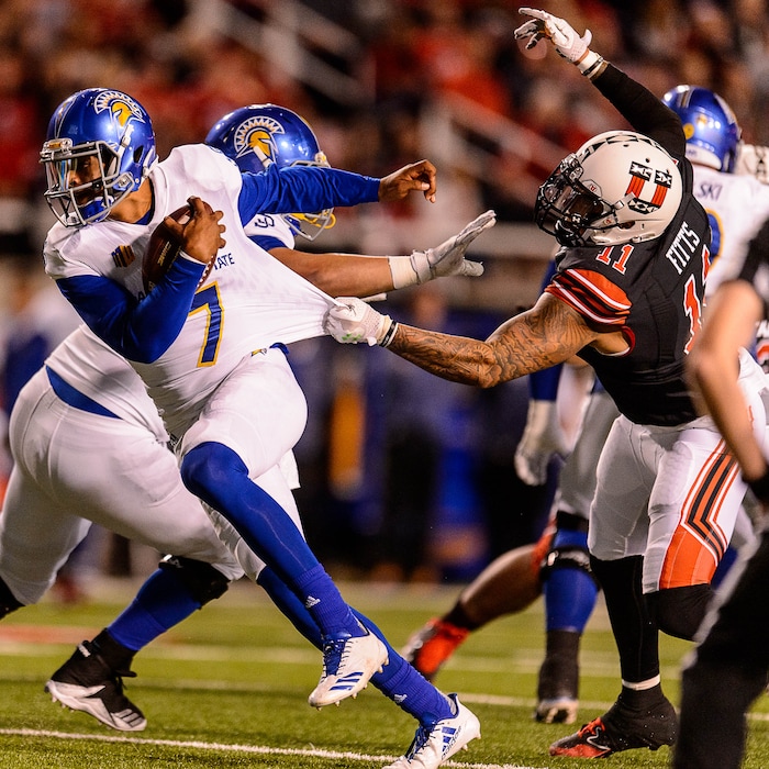 (Trent Nelson | The Salt Lake Tribune) Utah Utes defensive end Kylie Fitts (11) sacks San Jose State Spartans quarterback Montel Aaron (7) as the Utah Utes host the San Jose State Spartans, NCAA football at Rice-Eccles Stadium in Salt Lake City, Saturday September 16, 2017.