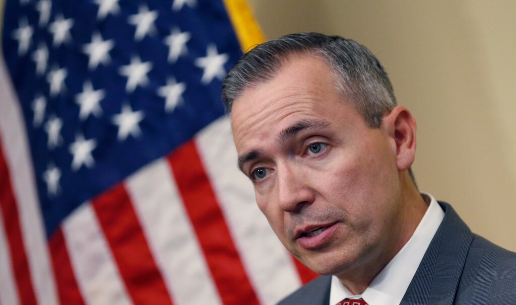 Sen. Dan McCay, R - Riverton, speaks during a news conference Thursday, Jan. 24, 2019, in Salt Lake City. (AP Photo/Rick Bowmer)