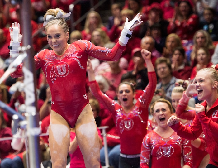 Rick Egan  |  The Salt Lake Tribune

MyKayla Skinner reacts after her bars routine, for the Utes, in gymnastics action, Utah vs UCLA, at the Huntsman Center, Saturday, February 18, 2017.