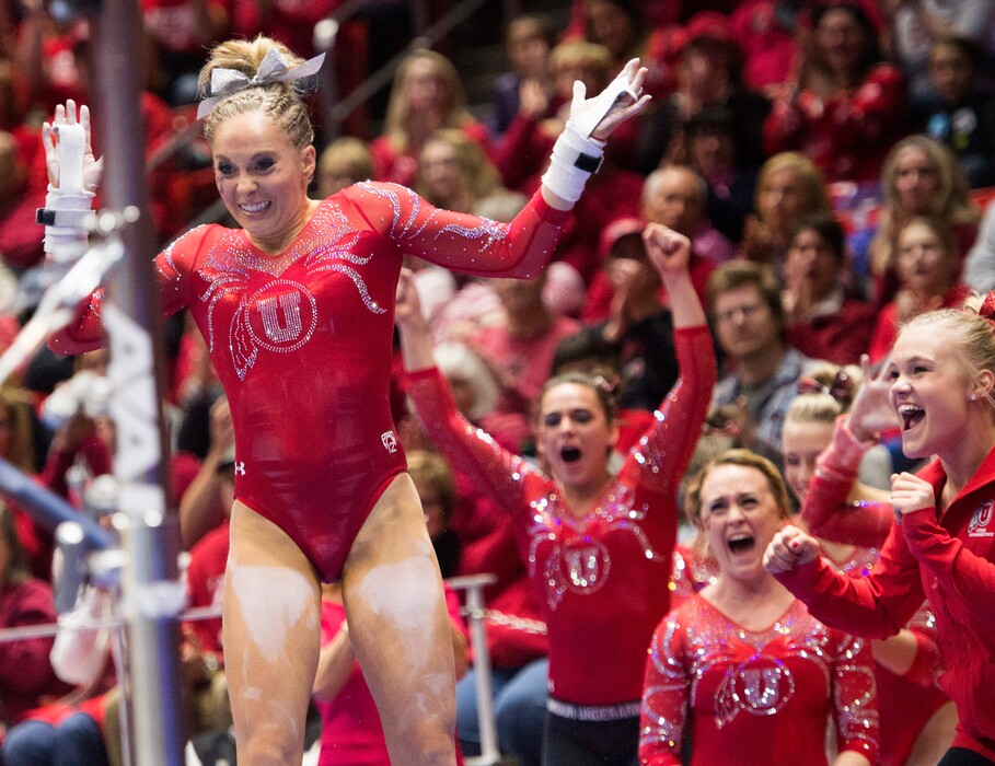 Rick Egan  |  The Salt Lake TribuneMyKayla Skinner reacts after her bars routine, for the Utes, in gymnastics action, Utah vs UCLA, at the Huntsman Center, Saturday, February 18, 2017.