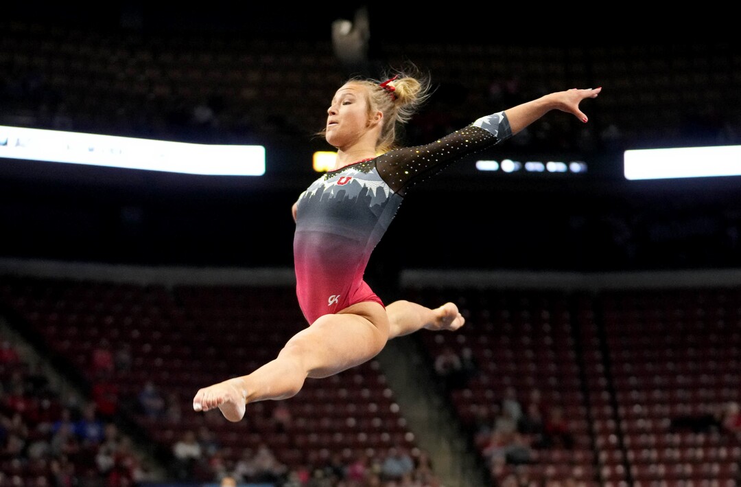 (Francisco Kjolseth | The Salt Lake Tribune) Utah’s Abby Paulson competes on the floor at the Best of Utah NCAA Gymnastics Meet at the Maverik Center in West Valley City on Friday, Jan. 7, 2022.