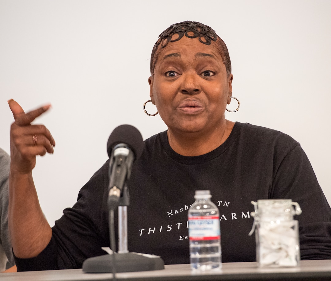 (Rick Egan  |  The Salt Lake Tribune)       Regina Mullins speaks as part of a survivors panel during the "Love Heals" forum on sex trafficking at the St. Mark's Friday, March 23, 2018.