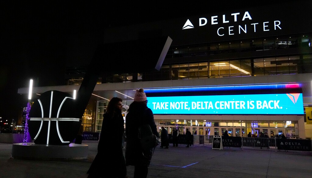 (Bethany Baker  |  The Salt Lake Tribune) Utah Jazz fans arrive at the Delta Center ahead of the game in Salt Lake City on Friday, Dec. 8, 2023.