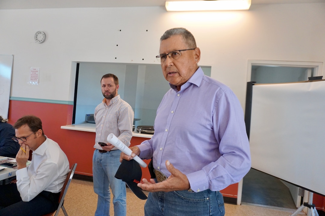 (Zak Podmore  |  The Salt Lake Tribune) Montezuma Creek resident Sam Dee addresses the San Juan County Commission in Oljato-Monument Valley, Utah, on Tuesday, July 2, 2019.                               