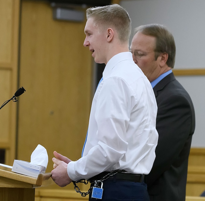 (Eli Lucero  |  Pool Photo)  Jayzon Decker speaks during his sentencing hearing for attempted aggravated murder and obstructing justice, Wednesday, Feb. 7, 2018, in Logan, Utah. Decker received a sentence of 15 years to life for planning and being present at the shooting of Deserae Turner in February 2017, and leaving her for dead in a dry irrigation canal in Smithfield, Utah.
