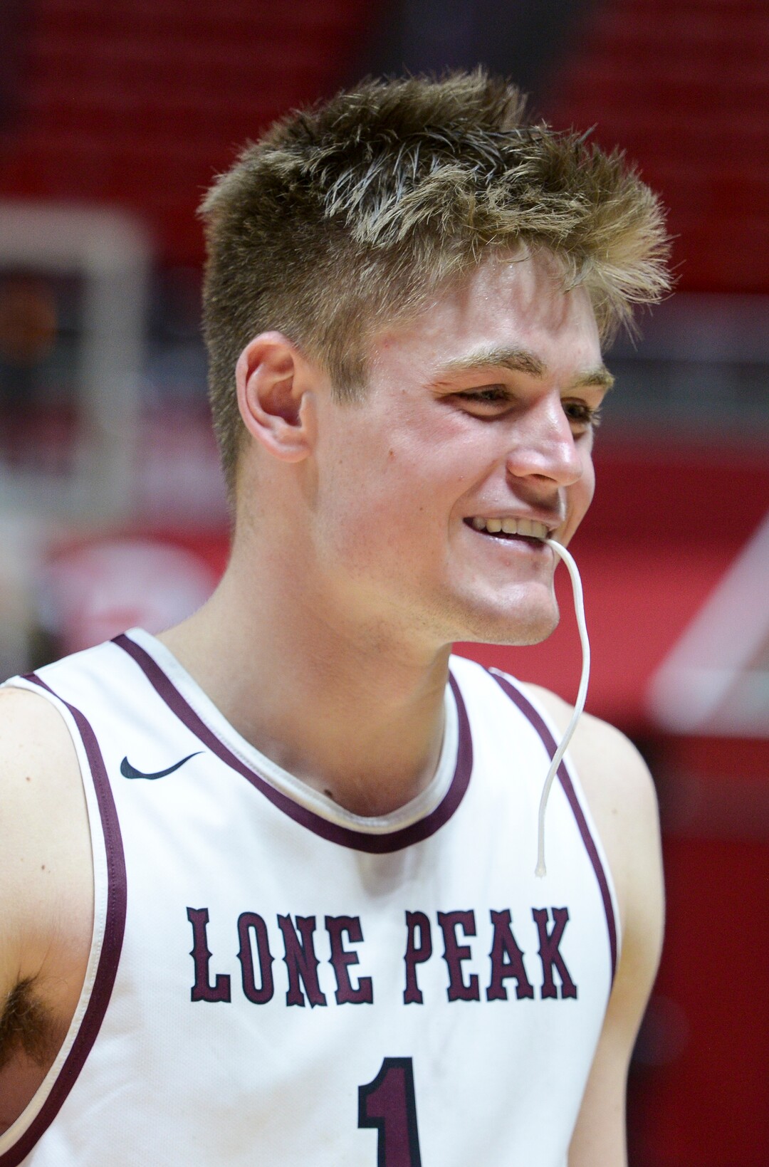 (Leah Hogsten  |  The Salt Lake Tribune) Lone Peak's Max Brenchley (01) had 12 points and 13 rebounds during the game. Lone Peak defeated Pleasant Grove 61-44 to win the 6A High School BoysÕ Basketball Tournament Championship at the Jon M. Huntsman Center in Salt Lake City, Saturday, March 3, 2018. 