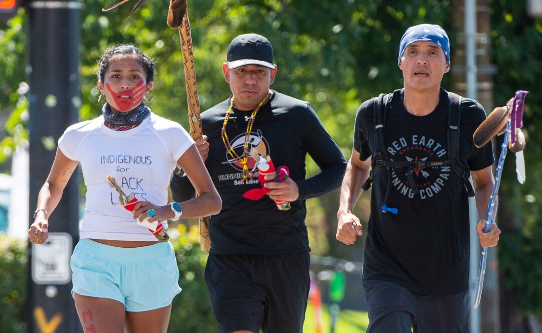 (Rick Egan  |  The Salt Lake Tribune)     Jordan Daniel, Son Sanchez and Eric Hardy run down John Stockton Drive in Salt Lake City on Saturday, Sept. 5, 2020. Ten Native American runners ran from Bears Ears National Monument to SLC for the “Running As Medicine - Indigenous Youth Prayer Run”.