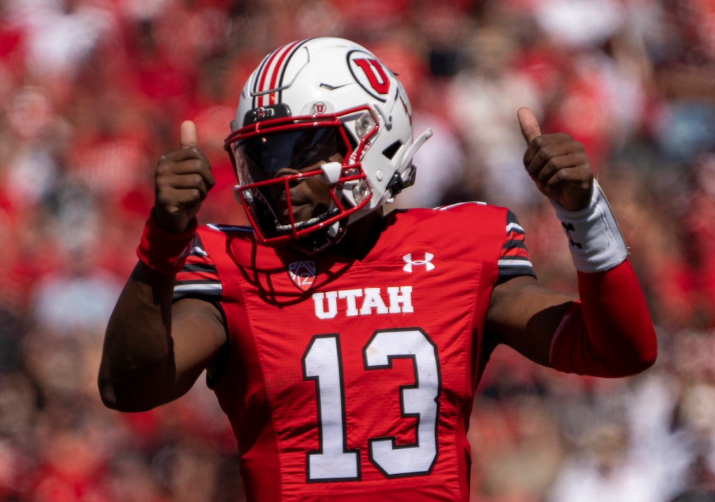 (Rick Egan | The Salt Lake Tribune) Utah Utes quarterback Nate Johnson (13) signals before the snap, in football action between the Utah Utes and the Weber State Wildcats, at Rice-Eccles Stadium, on Saturday, Sept. 16, 2023.