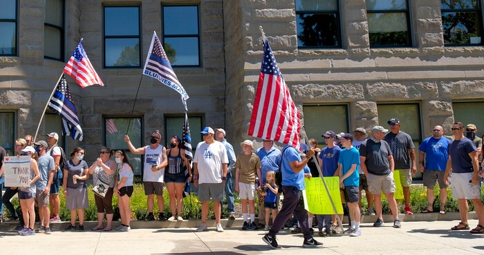 (Leah Hogsten | The Salt Lake Tribune) Supporters of law enforcement gather at Back the Blue rally, Saturday, August 15, 2020 at Washington Square.