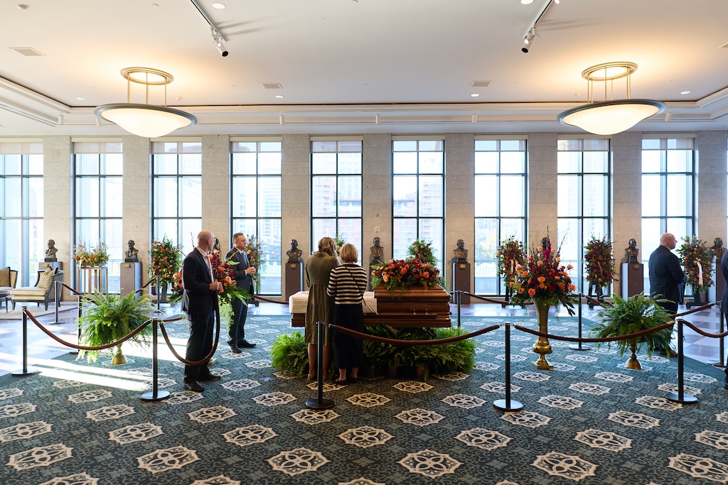 (Cody Bell | The Church of Jesus Christ of Latter-day Saints) People attend a viewing for late church President Russell M. Nelson at the Conference Center in Salt Lake City, Monday, Oct. 6, 2025.