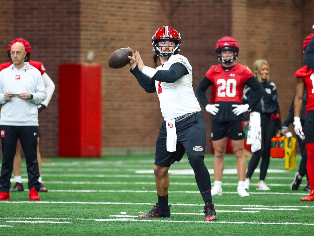 (Courtesy of Utah Athletics) Quarterback Cam Rising throws during Day 1 of Utah football spring practices on Tuesday, March 12, 2023 at the University of Utah.