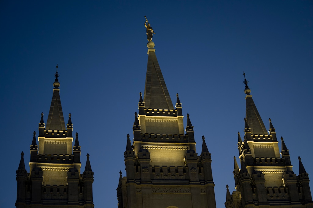 (Bethany Baker  |  The Salt Lake Tribune) Lights illuminate the Salt Lake Temple in Salt Lake City on Wednesday, April 29, 2026.