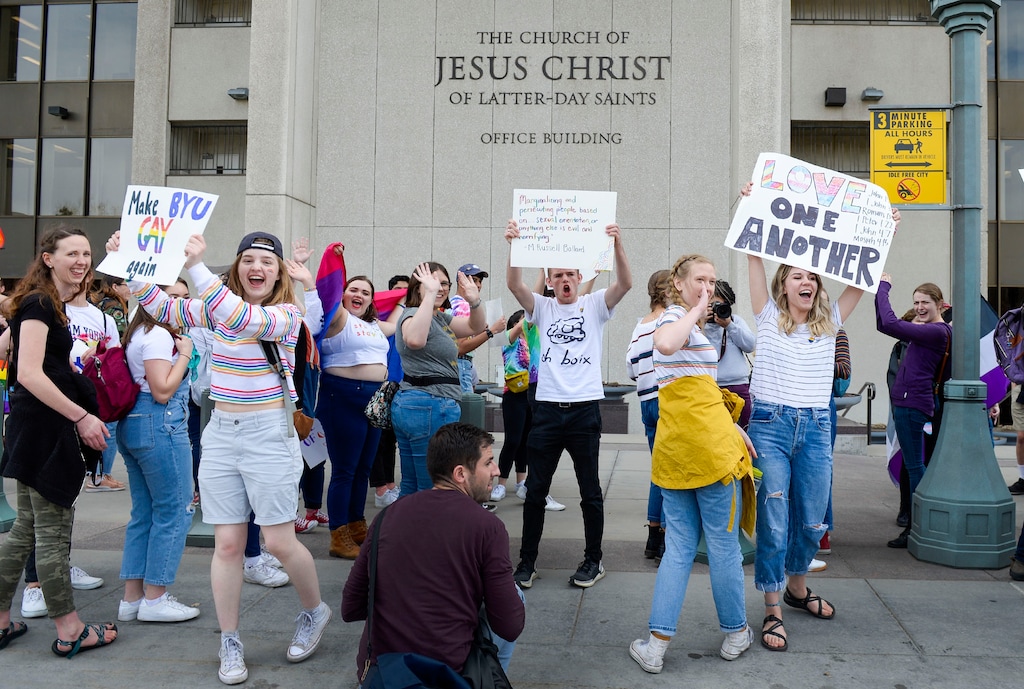 (Leah Hogsten | The Salt Lake Tribune) Brigham Young University students rally for LGBTQ rights in March 2020 in front of the Church Office Building in downtown Salt Lake City. A new survey shows growing support among Latter-day Saints for such rights.