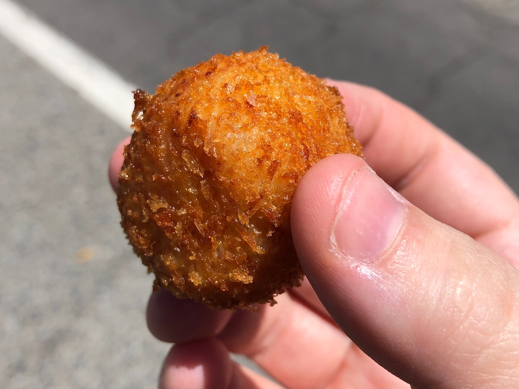 (Kolbie Peterson | The Salt Lake Tribune) A croqueta from the Basque Club of Utah, served at the Living Tradition Festival on Saturday, May 18, 2024.