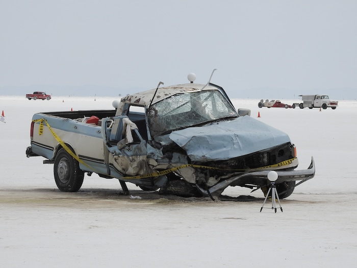 (Francisco Kjolseth | The Salt Lake Tribune) Utah's Bonneville Salt Flats turned deadly on the sidelines of Speed Week following a head-on collision between two vehicles carrying support crew traveling between the pits and the entrance to the salt along the access road on Wednesday, Aug. 16, 2017. One person was killed and five injured, all of whom were said to be members of support crews for racing drivers.