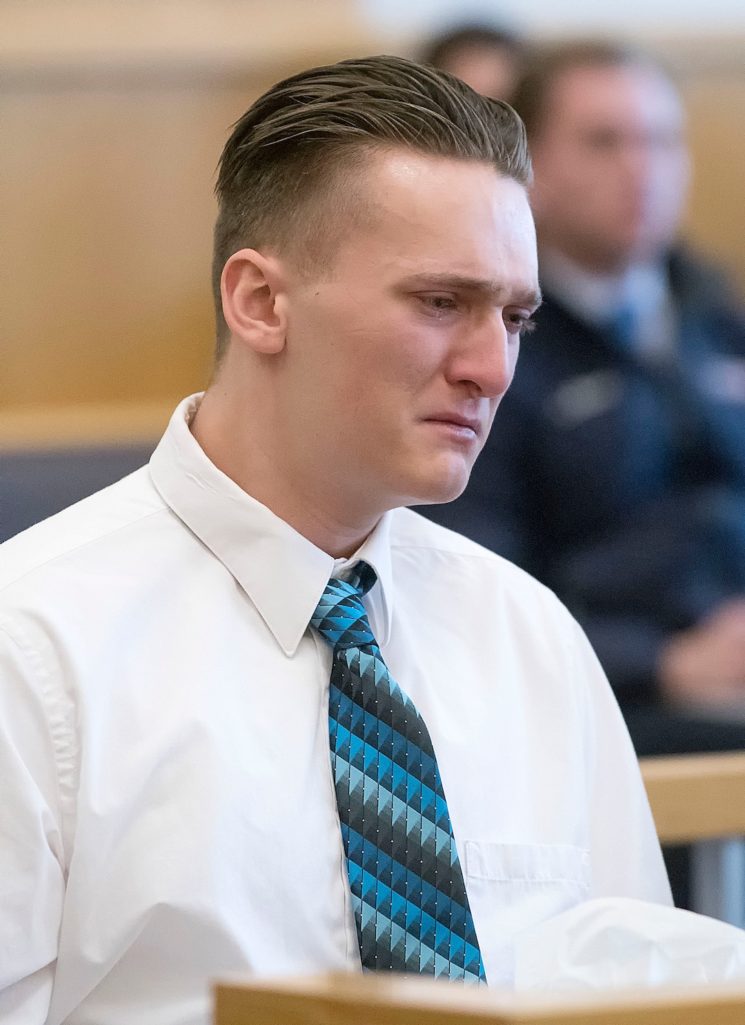 (Eli Lucero  |  Herald Journal, pool) Colter Peterson cries as he listens to testimony during his sentencing hearing for attempted aggravated murder and robbery, Thursday, Feb. 1, 2018, in Logan, Utah. Peterson received a sentence of 15 years to life for shooting Deserae Turner in February 2017, and leaving her for dead in a dry irrigation canal in Smithfield, Utah.