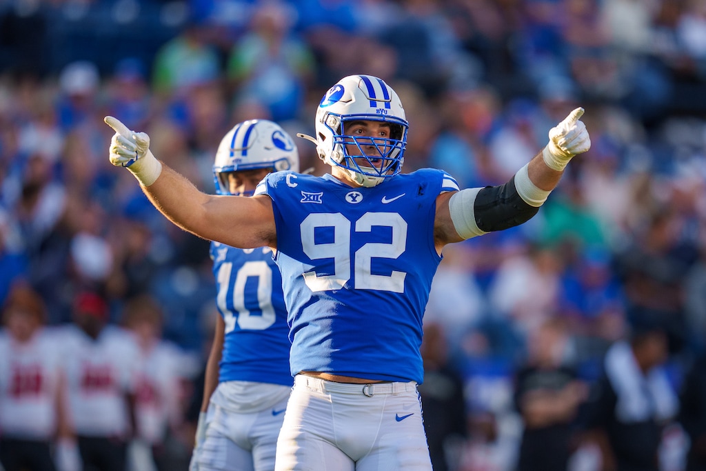 (Trent Nelson  |  The Salt Lake Tribune) Brigham Young Cougars defensive end Tyler Batty (92) as BYU hosted Texas Tech in Provo on Saturday.