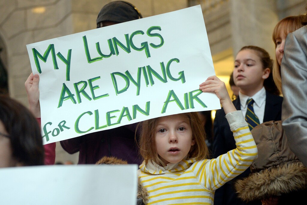 Al Hartmann  |  The Salt Lake Tribune
Over 300 local students from the Madeleine Choir School and Salt Lake School for the Performing Arts marched up State Street to meet in the Capitol rotunda for a clean air, Feb. 4, 2016.
