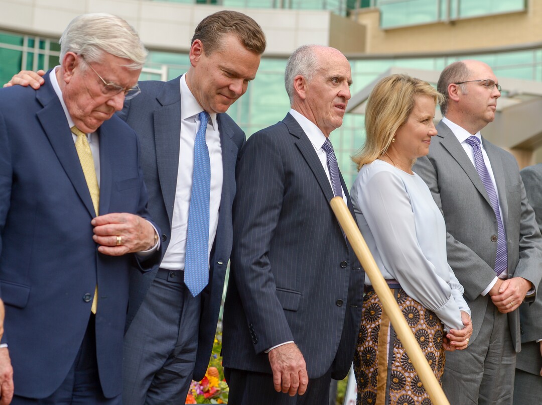 (Leah Hogsten  |  The Salt Lake Tribune)  l-r M. Russell Ballard, president of The Church of Jesus Christ of Latter-day Saints, Peter R. Huntsman, Chairman and CEO of the Huntsman Cancer Foundation and lead donors Spencer and Kristen Kirk prepare to break ground for the Kathryn F. Kirk Center for Comprehensive Cancer Care and WomenÕs Cancers at Huntsman Cancer Institute, September 5, 2019. The building was named in honor of Spencer KirkÕs mother. The new center will house a floor dedicated to womenÕs cancers, a new endoscopy center, increased services for blood and bone marrow transplant patients, an expanded HCI Wellness and Integrative Health Center and 48 new inpatient hospital rooms.