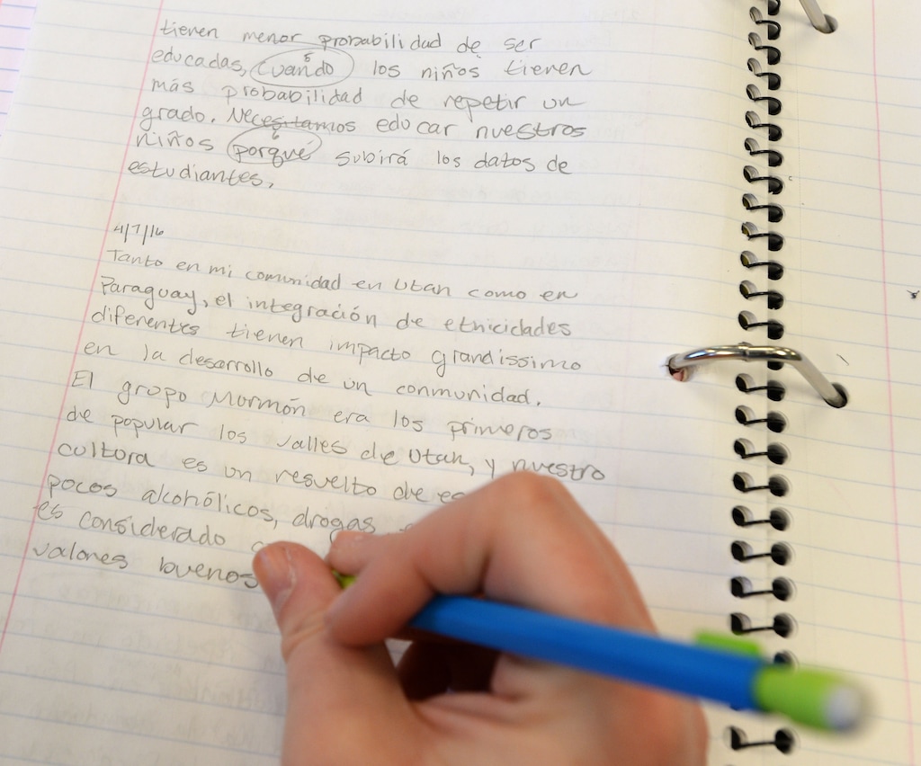 (Steve Griffin  |  The Salt Lake Tribune) Students write essays as they attend an AP Spanish class at Layton High School on April 7, 2016.