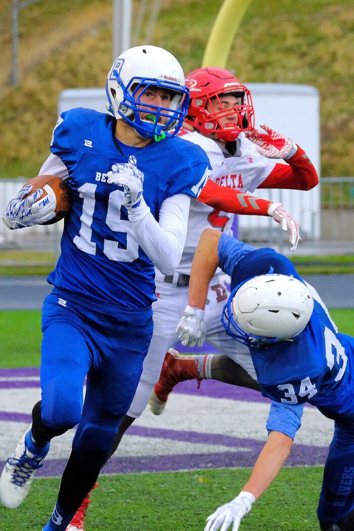 (Leah Hogsten  |  The Salt Lake Tribune) Beaver's Jacob Bairett makes the interception on Delta. Beaver High School boys' football team defeated Delta High School 35-16 during their class 2A state semifinal football game Saturday, November 4, 2017 at Weber State University's Stewart Stadium.