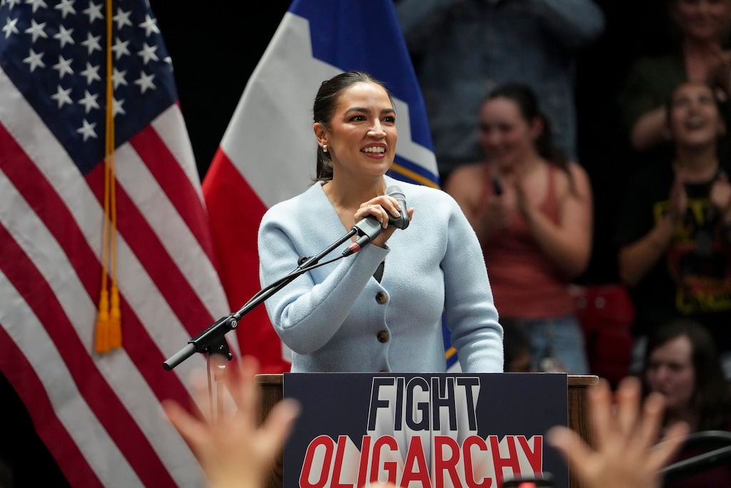 (Bethany Baker  |  The Salt Lake Tribune) Rep. Alexandria Ocasio-Cortez, D-N.Y., speaks during a rally for Sen. Bernie Sanders, I-Vt., at the University of Utah in Salt Lake City on Sunday, April 13, 2025.