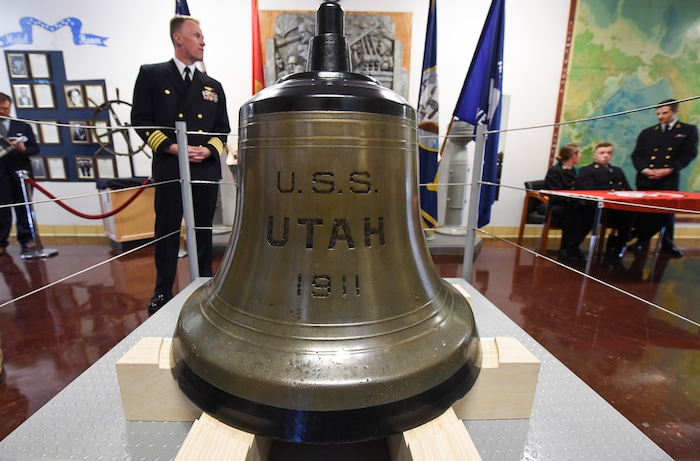(Francisco Kjolseth  |  The Salt Lake Tribune)  The bell from the USS Utah, one of the first ships lost during the attack on Pearl Harbor in 1941, returns home, placed on display in the Naval Science building at the University of Utah during a short ceremony on Thursday, Dec. 7, 2017.