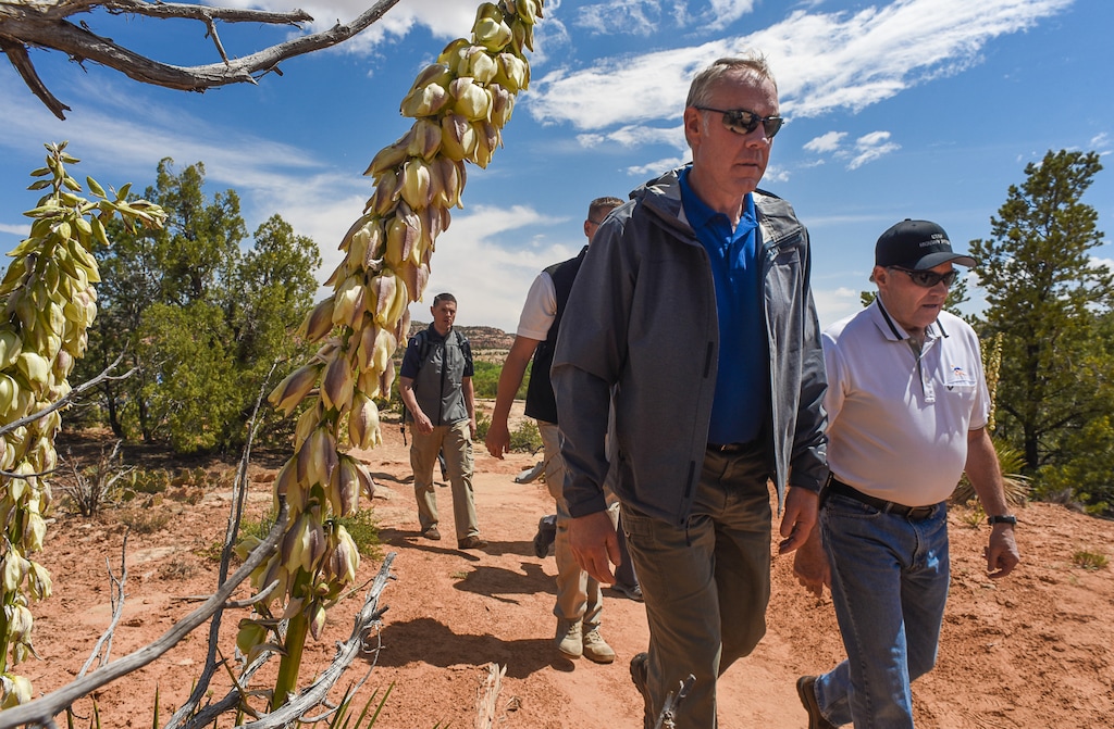 (Francisco Kjolseth | The Salt Lake Tribune) Interior Secretary Ryan Zinke hikes along the Butler Wash Indian Ruin trail alongside Utah Gov. Gary Herbert during a tour of the Bears Ears National Monument on Monday, May 8, 2017.