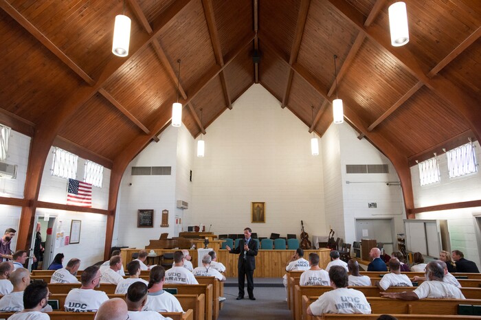 (Rick Egan  |  The Salt Lake Tribune)  Rep. Chris Stewart speaks to inmates at the Utah State Prison, Wednesday, August 23, 2017.


