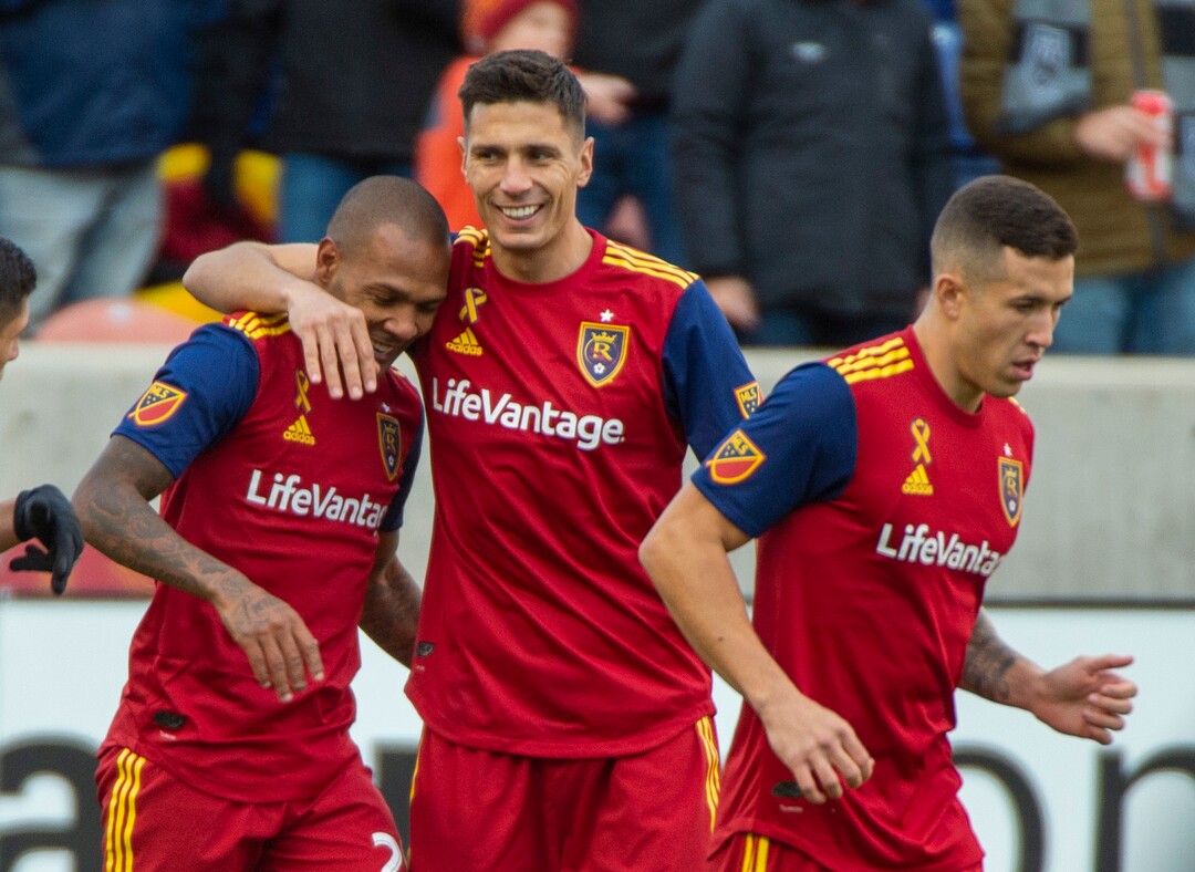 (Rick Egan  |  The Salt Lake Tribune)    Real Salt Lake celebrate their first goal, in MLS soccer action, between Real Salt Lake and Houston Dynamo at Rio Tinto Stadium, Sunday, Sept. 29, 2019.