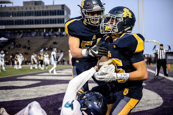 (Trent Nelson | The Salt Lake Tribune)  Summit Academy's Gavin Davey, right, celebrates a touchdown. Summit Academy faces Juan Diego High School in a class 3A state semifinal football game at Weber State University's Stewart Stadium, Saturday November 4, 2017.