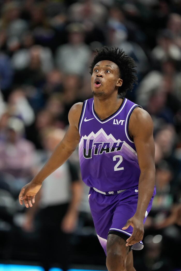 (Francisco Kjolseth  |  The Salt Lake Tribune) Utah Jazz guard Collin Sexton (2) reacts to his shot on basket agains the Dallas Mavericks during an NBA basketball game Monday, March 25, 2024, in Salt Lake City.