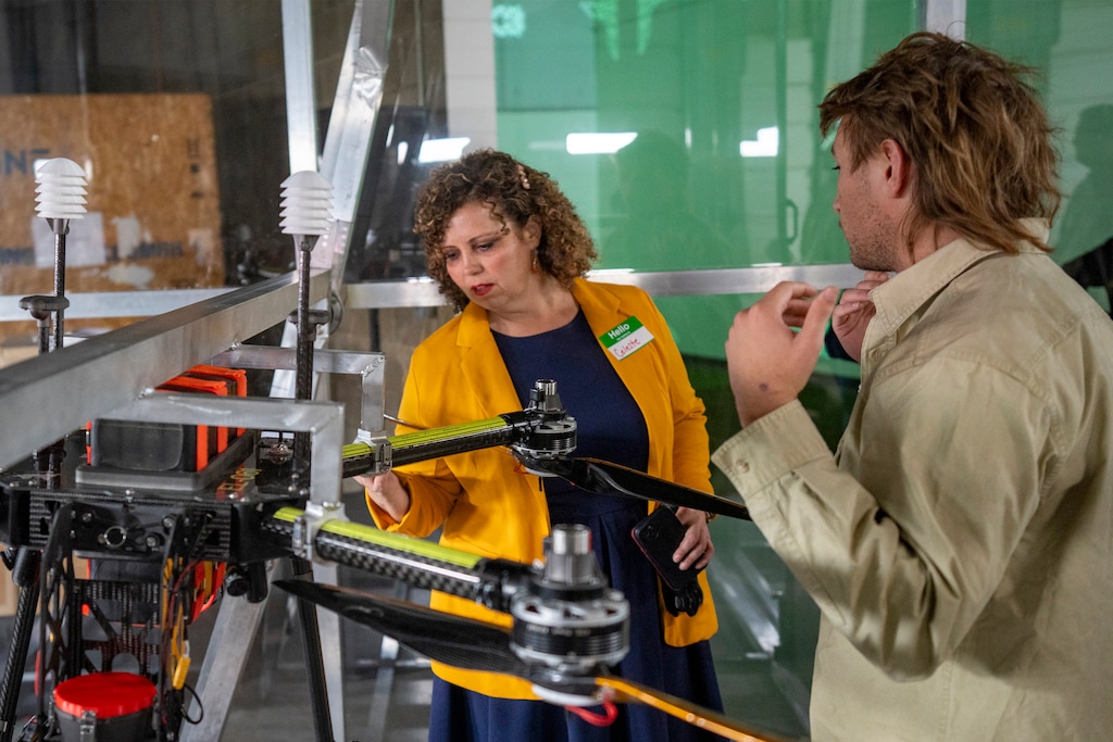 (Rick Egan | The Salt Lake Tribune) U.S. Rep. Celeste Maloy checks out a drone at Rainmaker in Salt Lake City, on Friday, Nov. 7, 2025.

