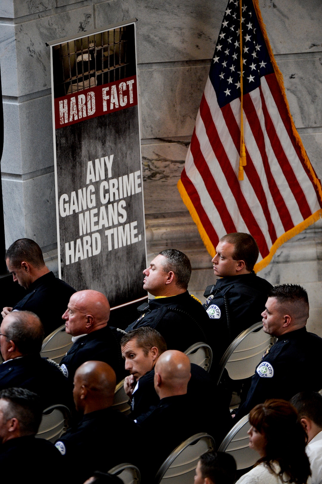 Leah Hogsten  |  The Salt Lake Tribune   Utah law enforcement officers listen to U.S. Attorney General Jeff Sessions as he talks about the success of Project Safe Neighborhoods in Utah during a U. S. Attorney General Law Enforcement Commemoration, October 3, 2018, at the Capitol. Wednesday marks the one year anniversary since the Trump administration returned to the policy pushed by the George W. Bush administration. Under Project Safe Neighborhoods, federal prosecutors focus on security stiff sentences for those convicted of gun crimes and reducing violent crimes.