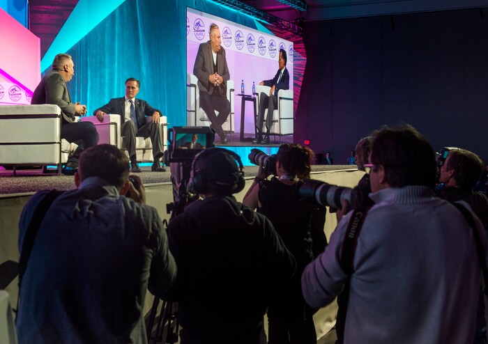(Rick Egan  |  The Salt Lake Tribune)    Mitt Romney speaks with Alex Dunn, at the Tech Summit at the Salt Palace,  Friday, January 19, 2018.


