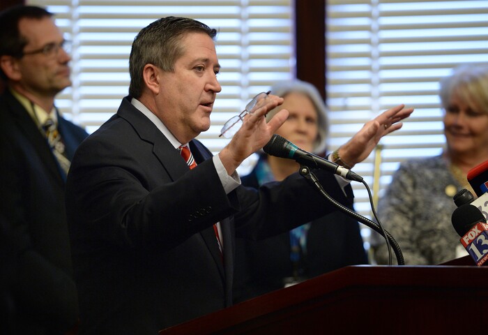 (Scott Sommerdorf   |  The Salt Lake Tribune)  
Rep. Tim Quinn, R-Heber City, speaks during the Family Economic Prosperity Priorities press conference, Thursday, January 25, 2018.