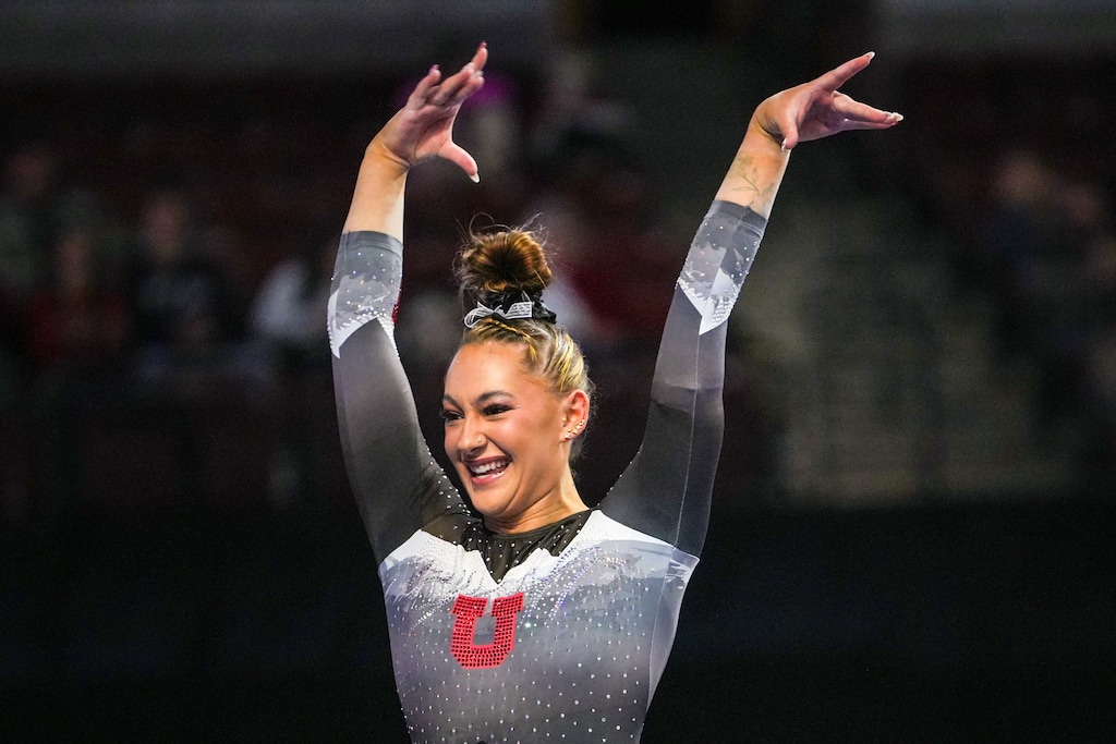 (Chris Samuels | The Salt Lake Tribune) Utah’s Makenna Smith reacts after competing on beam during a college gymnastics meet against BYU, Utah State and Southern Utah in West Valley City, Monday, Jan. 20, 2025.