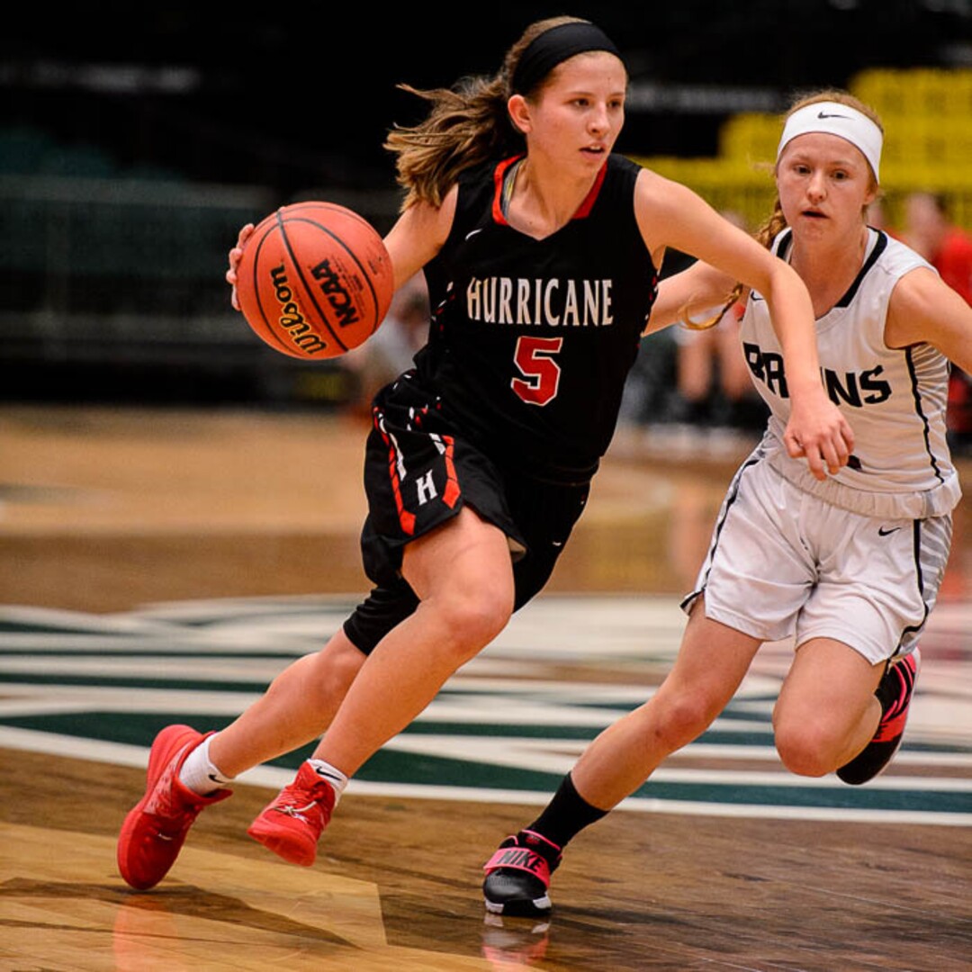 (Trent Nelson | The Salt Lake Tribune)  Hurricane vs. Mountain View, 4A State high school basketball tournament at Utah Valley University in Orem, Thursday March 1, 2018. Hurricane's Kylee Stevens (5).