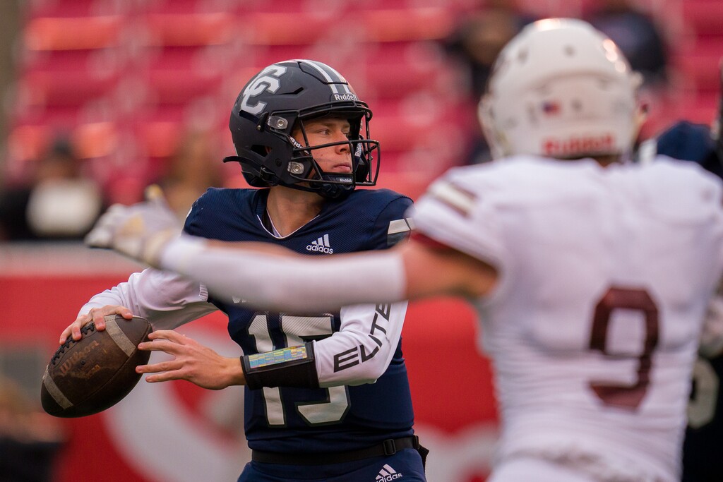 (Trent Nelson  |  The Salt Lake Tribune) Corner Canyon's Devin Brown (15) as Lone Peak faces Corner Canyon in the 6A high school football championship game in Salt Lake City on Friday, Nov. 19, 2021.