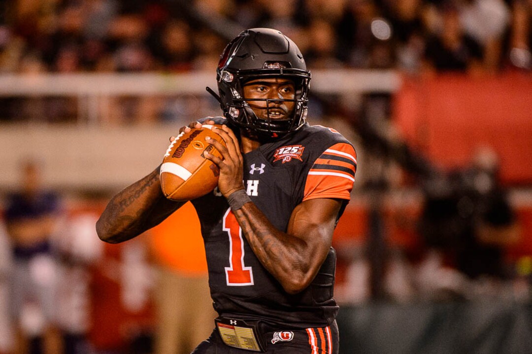 (Trent Nelson | The Salt Lake Tribune)  Utah Utes quarterback Tyler Huntley (1) as the University of Utah hosts Washington at Rice-Eccles Stadium in Salt Lake City, Saturday Sept. 15, 2018.