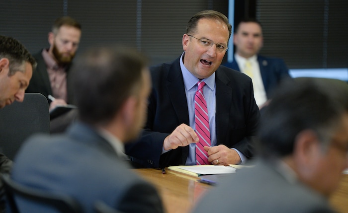 (Francisco Kjolseth | The Salt Lake Tribune) Tim Wheelwright, Immigration Taskforce Chairman for the Salt Lake Chamber of Commerce, leads an immigration roundtable with community leaders to discussion how immigrants make essential contributions to the Utah economy and the immediate need to fix the immigration issue. The event marked the launch of the iMarch for Immigration Campaign, a national day of action in all 50 states on Wed. Dec. 6, 2017, in an effort to push forward with a solution for Deferred Action for Childhood Arrivals (DACA), the so called "DREAMers" who came to the U.S. as children.