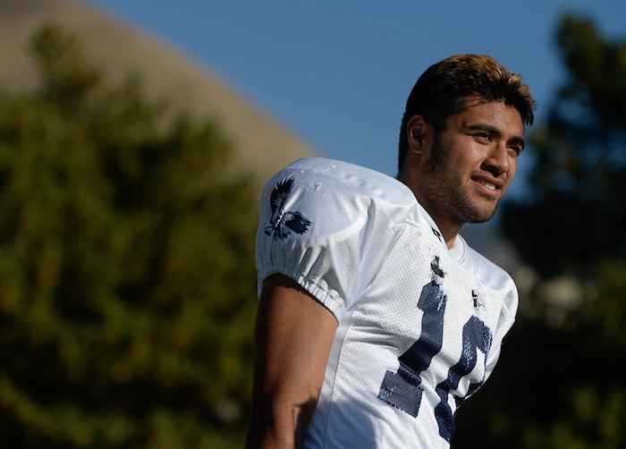 (Francisco Kjolseth | The Salt Lake Tribune) Nifai Tonga, a defensive end and wide receiver for Skyline football has stood out and is considering his options for schools.