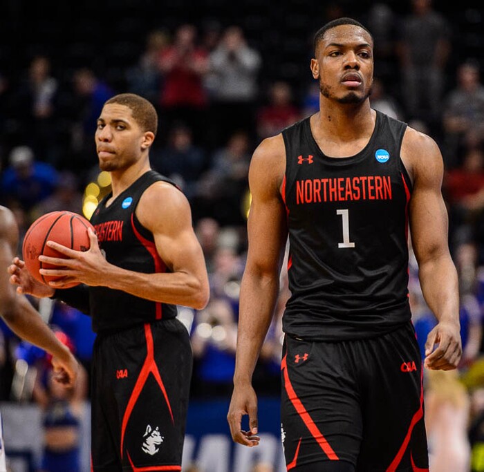 (Trent Nelson | The Salt Lake Tribune)  
Northeastern Huskies guard Donnell Gresham Jr. (22) and Northeastern Huskies guard Shawn Occeus (1) as Kansas faces Northeastern in the 2019 NCAA Tournament in Salt Lake City on Thursday March 21, 2019.